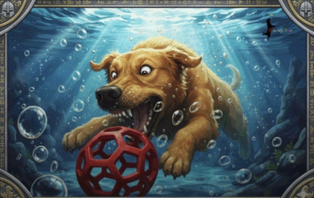 KI-generierte Illustration im Comic-Stil: ganzer Hund unter Wasser mit Luftblasen, die Vorderpfoten greifen nach einem roten Gitterball, umgeben von einem verzierten Rahmen